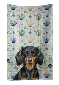 Longhaired Black and Tan Dachshund Coastal Sea Glass Kitchen Towel