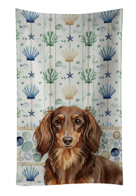 Longhaired Chocolate and Tan Dachshund Coastal Sea Glass Kitchen Towel