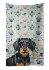 Wirehaired Black and Tan Dachshund Coastal Sea Glass Kitchen Towel