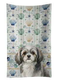 Grey and White Tibetan Spaniel Coastal Sea Glass Kitchen Towel