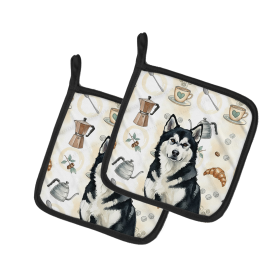 Black and White Alaskan Malamute Coffee Bar Pair of Pot Holders