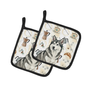Gray and White Alaskan Malamute Coffee Bar Pair of Pot Holders