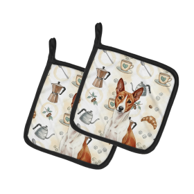 Red and White Basenji Coffee Bar Pair of Pot Holders