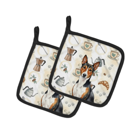 Tricolor and White Basenji Coffee Bar Pair of Pot Holders