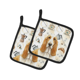 Lemon and White Basset Hound Coffee Bar Pair of Pot Holders