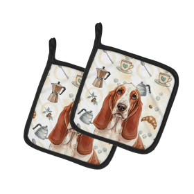Red and White Basset Hound Coffee Bar Pair of Pot Holders