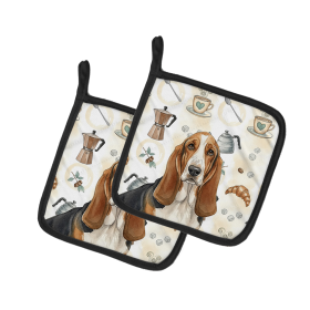 Tricolor and White Basset Hound Coffee Bar Pair of Pot Holders