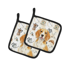 Lemon and White Beagle Coffee Bar Pair of Pot Holders