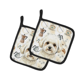 White and Cream Bichon Frise Coffee Bar Pair of Pot Holders