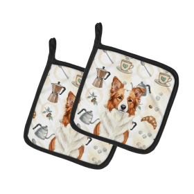 Red and White Border Collie Coffee Bar Pair of Pot Holders