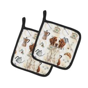 Liver and White Brittany Coffee Bar Pair of Pot Holders