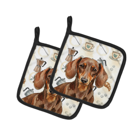 Chocolate and Tan Dachshund Coffee Bar Pair of Pot Holders