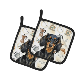 Longhaired Black and Tan Dachshund Coffee Bar Pair of Pot Holders