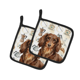 Longhaired Chocolate and Tan Dachshund Coffee Bar Pair of Pot Holders