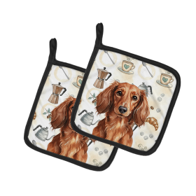 Longhaired Red Dachshund Coffee Bar Pair of Pot Holders