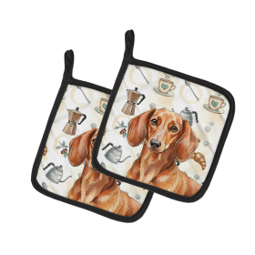 Red Brown Dachshund Coffee Bar Pair of Pot Holders