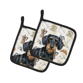 Wirehaired Black and Tan Dachshund Coffee Bar Pair of Pot Holders