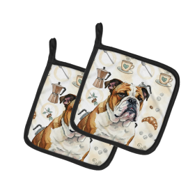 Brindle and White English Bulldog Coffee Bar Pair of Pot Holders