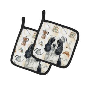 Black and White English Springer Spaniel Coffee Bar Pair of Pot Holders