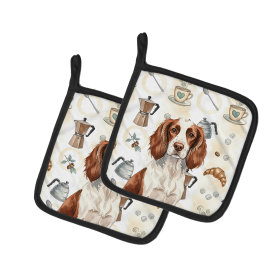 Liver and White English Springer Spaniel Coffee Bar Pair of Pot Holders