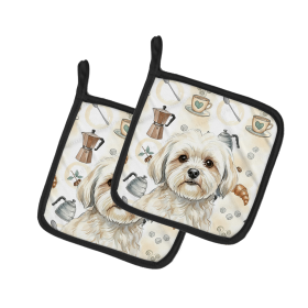 White Lhasa Apso Coffee Bar Pair of Pot Holders