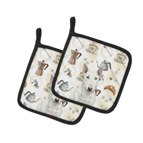White Miniature Bull Terrier Coffee Bar Pair of Pot Holders