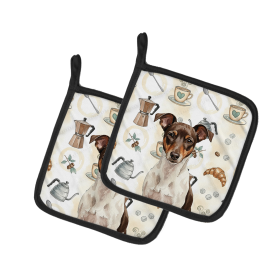 Chocolate and White Rat Terrier Coffee Bar Pair of Pot Holders