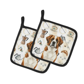 Brown and White Saint Bernard Coffee Bar Pair of Pot Holders