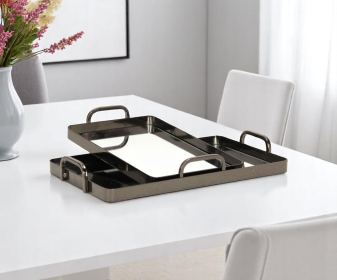 Set of Two Pewter Aluminum And Mirrored Glass Handmade Serving Trays