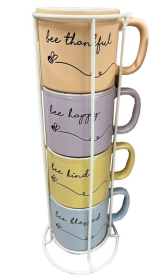 MARCELLE 4PC STACKABLE BEE MUG SET W WHITE STAND IN SHIPPING BOXES