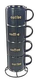 MARCELLE 4PC MATT BLACK STACKABLE 14OZ MUG SET W/ 4MM BLACK STAND