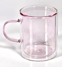 MARCELLE 11oz Double Wall Mug with Colored Glass Interior and Matching Colored Glass Handle - PINK
