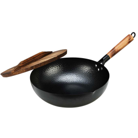 Commercial Iron Wok with Wooden Handle and Lid  NonStick Fry Pan FryPan