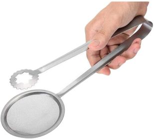 Mesh Strainer Tongs 2 in 1 Stainless Steel Oil Frying Filter Spoon Fry Tool Oil Skimmer with Clip