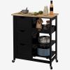Kitchen Island on Wheels, Black, with Wood Top, Shelves & Drawers