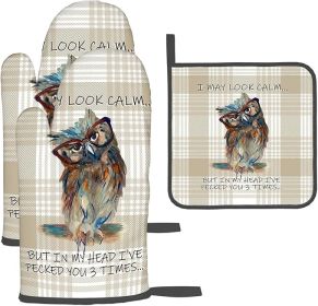 Funny Owl Oven Mitts and Pot Holders Sets of 3 Kitchen Hot Pads Cute Buffalo Plaid Oven Gloves Heat Resistant Washable for Cooking Grilling Baking Hol