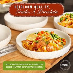 Pasta Bowls Set for 4 - Dinner Bowl Plates -Flat Dinnerware - Large Shallow White Dishes - Big Rimmed Porcelain Serving Dish
