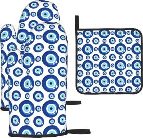 Blue Evil Eyes Oven Mitts and Pot Holders Sets of 3 Funny Hot Pads Heat Resistant Non Slip Washable for Cooking Grilling Baking BBQ Kitchen Decor