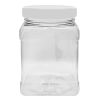 Clear Food Grade PET Plastic Square Grip Storage Jar w/ Cap | 64 Fluid Ounces 7-8 Cup Storage Capacity | Airtight Seal & Easy Handlin