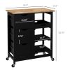 Kitchen Island on Wheels, Black, with Wood Top, Shelves & Drawers