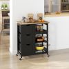 Kitchen Island on Wheels, Black, with Wood Top, Shelves & Drawers