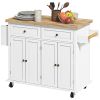 Kitchen Island Cart, White, Rubberwood Top, Spice/Towel Rack, Storage Drawers, Rolling Dining Room Storage