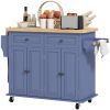Kitchen Island on Wheels, Rolling Cart with Rubberwood Top, Spice Rack, Towel Rack and Drawers, Navy Blue