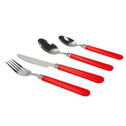 16 Piece Stainless Steel Flatware Set with Red Handles and Chrome Caddy