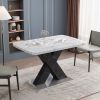 Modern Square Dining Table;  Stretchable;  Printed Black/white Marble +MDF X-Shape Table Leg with Metal Base