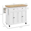 Kitchen Island Cart, White, Rubberwood Top, Spice/Towel Rack, Storage Drawers, Rolling Dining Room Storage