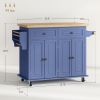Kitchen Island on Wheels, Rolling Cart with Rubberwood Top, Spice Rack, Towel Rack and Drawers, Navy Blue