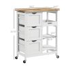 Dining Rolling Kitchen Island, White, with Wood Top, Shelves & Drawers