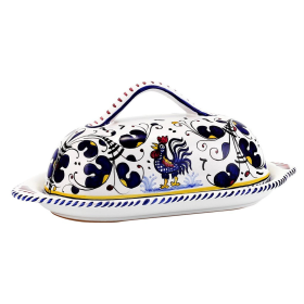 ORVIETO ROOSTER BUTTER TRAY & CHEESE BOWLS (Color: Blue, size: 9 Long 3 HIGH (Dimensions measured in Inches))