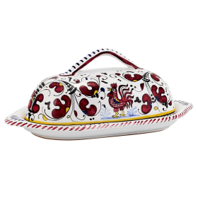 ORVIETO ROOSTER BUTTER TRAY & CHEESE BOWLS (Color: Red, size: 9 Long 3 HIGH (Dimensions measured in Inches))